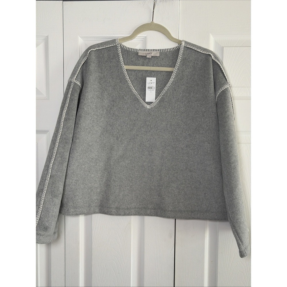 LOFT Whipstitch V-Neck Sweatshirt Womens Size S Gray Fleece Pullover Casual L/S